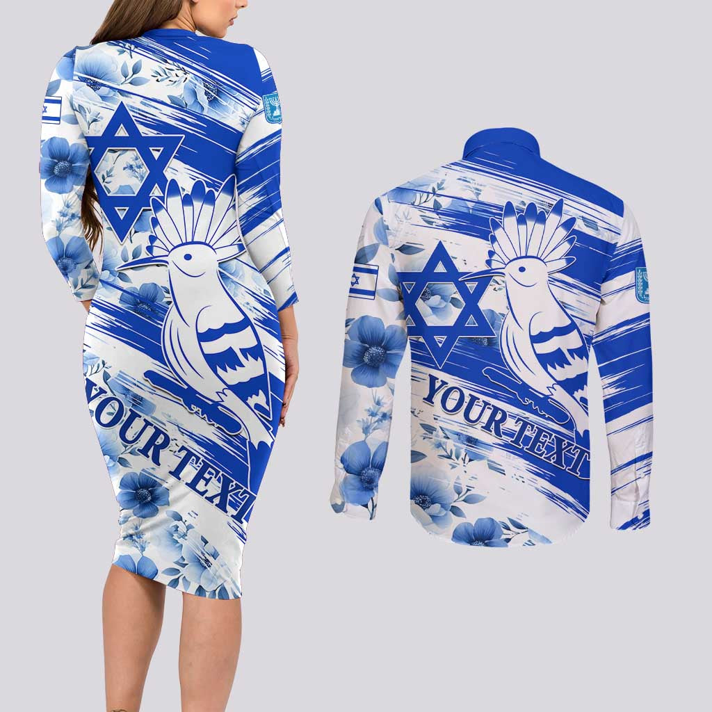 Israel Independence Day Couples Matching Long Sleeve Bodycon Dress and Long Sleeve Button Shirt Hoopoe Bird With Magen David LT01