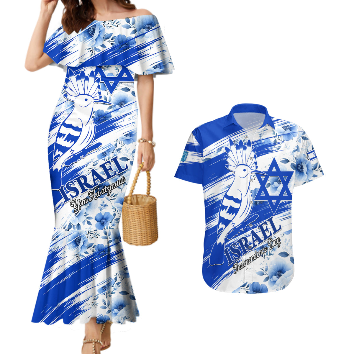Israel Independence Day Couples Matching Mermaid Dress and Hawaiian Shirt Hoopoe Bird With Magen David - Wonder Print Shop