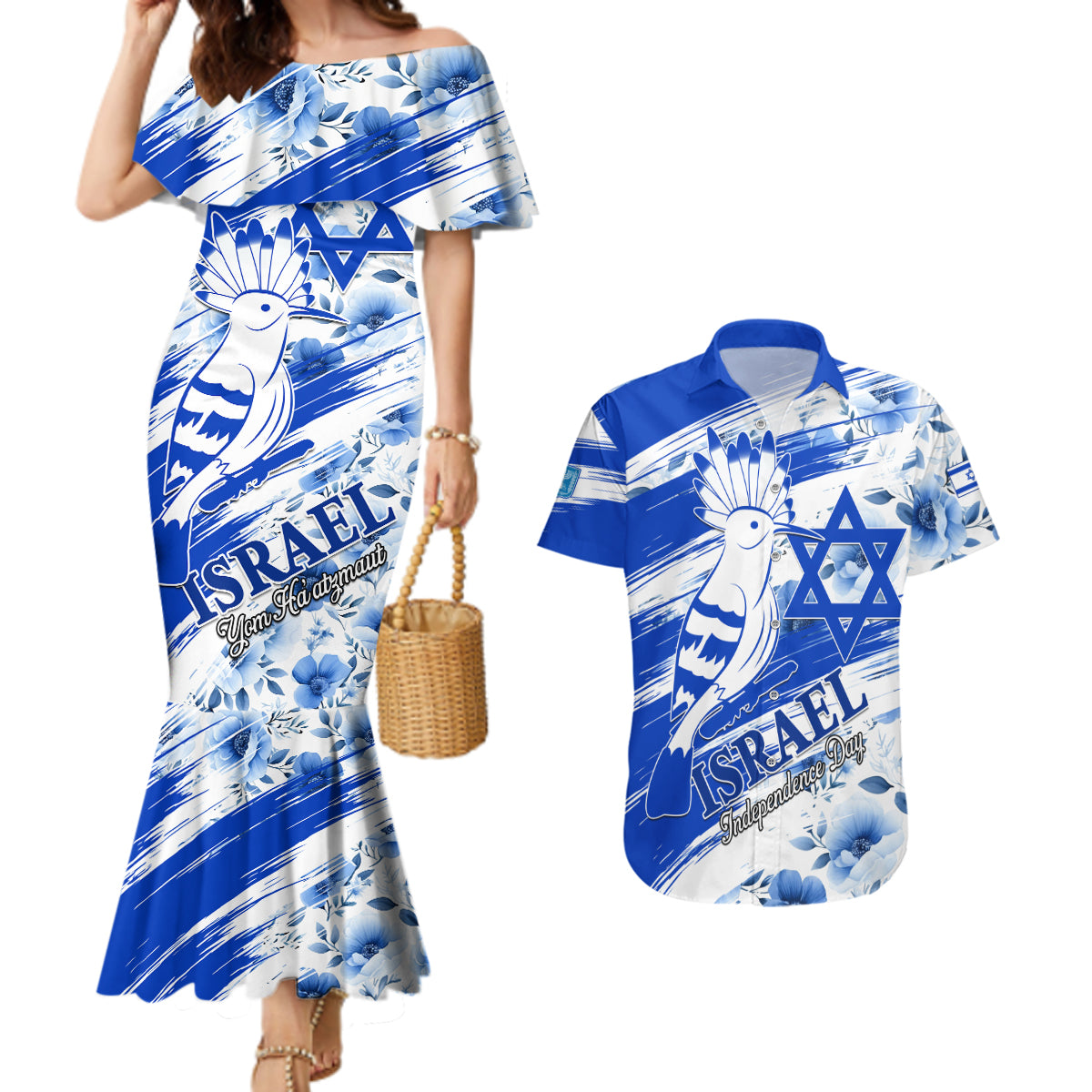 Israel Independence Day Couples Matching Mermaid Dress and Hawaiian Shirt Hoopoe Bird With Magen David