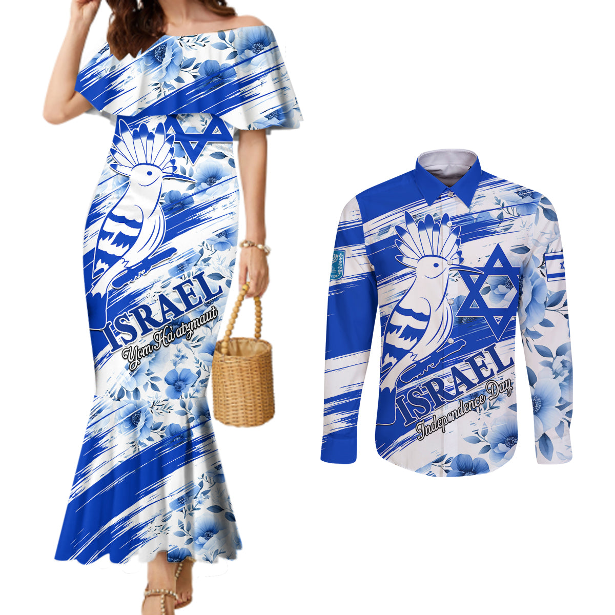 Israel Independence Day Couples Matching Mermaid Dress and Long Sleeve Button Shirt Hoopoe Bird With Magen David