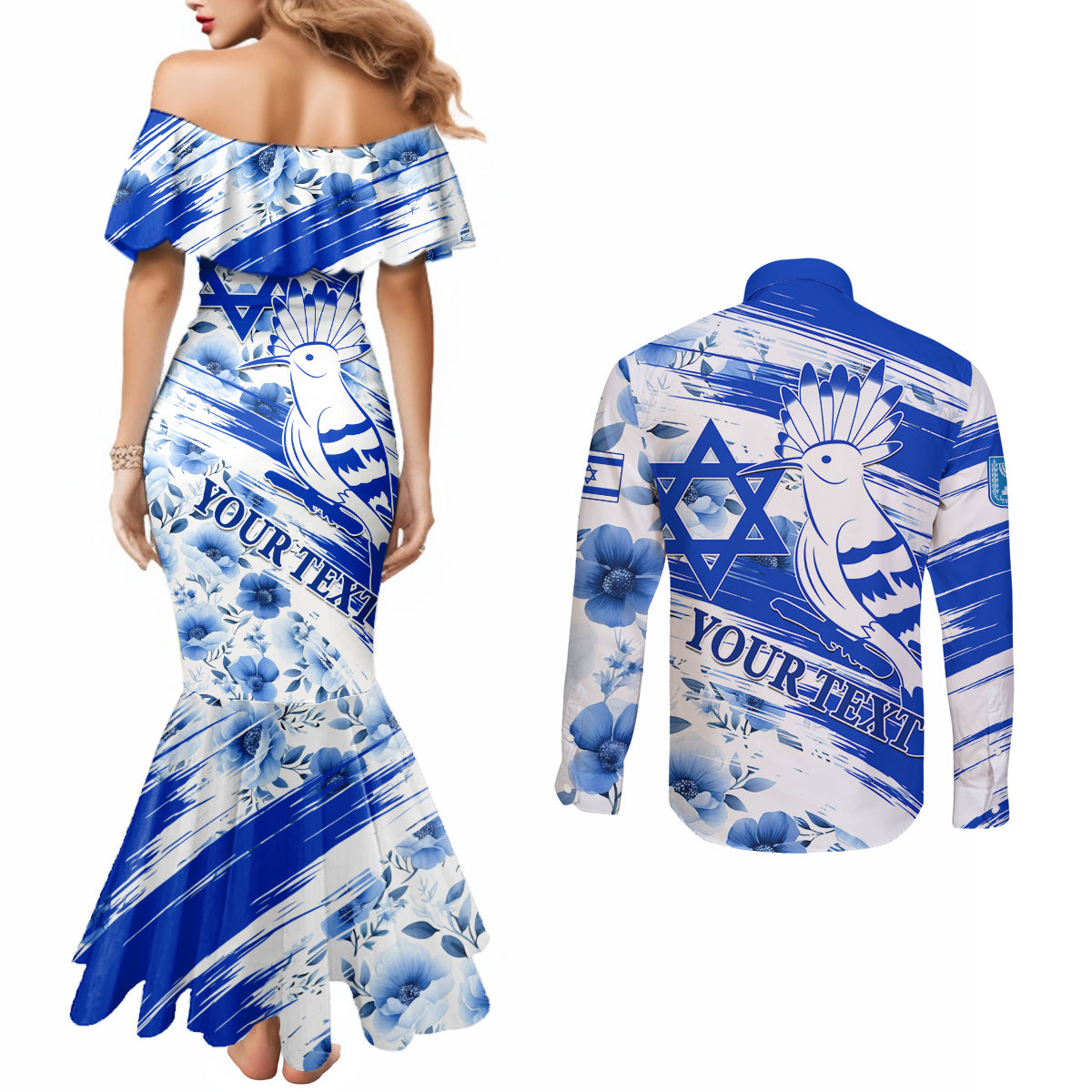 Israel Independence Day Couples Matching Mermaid Dress and Long Sleeve Button Shirt Hoopoe Bird With Magen David