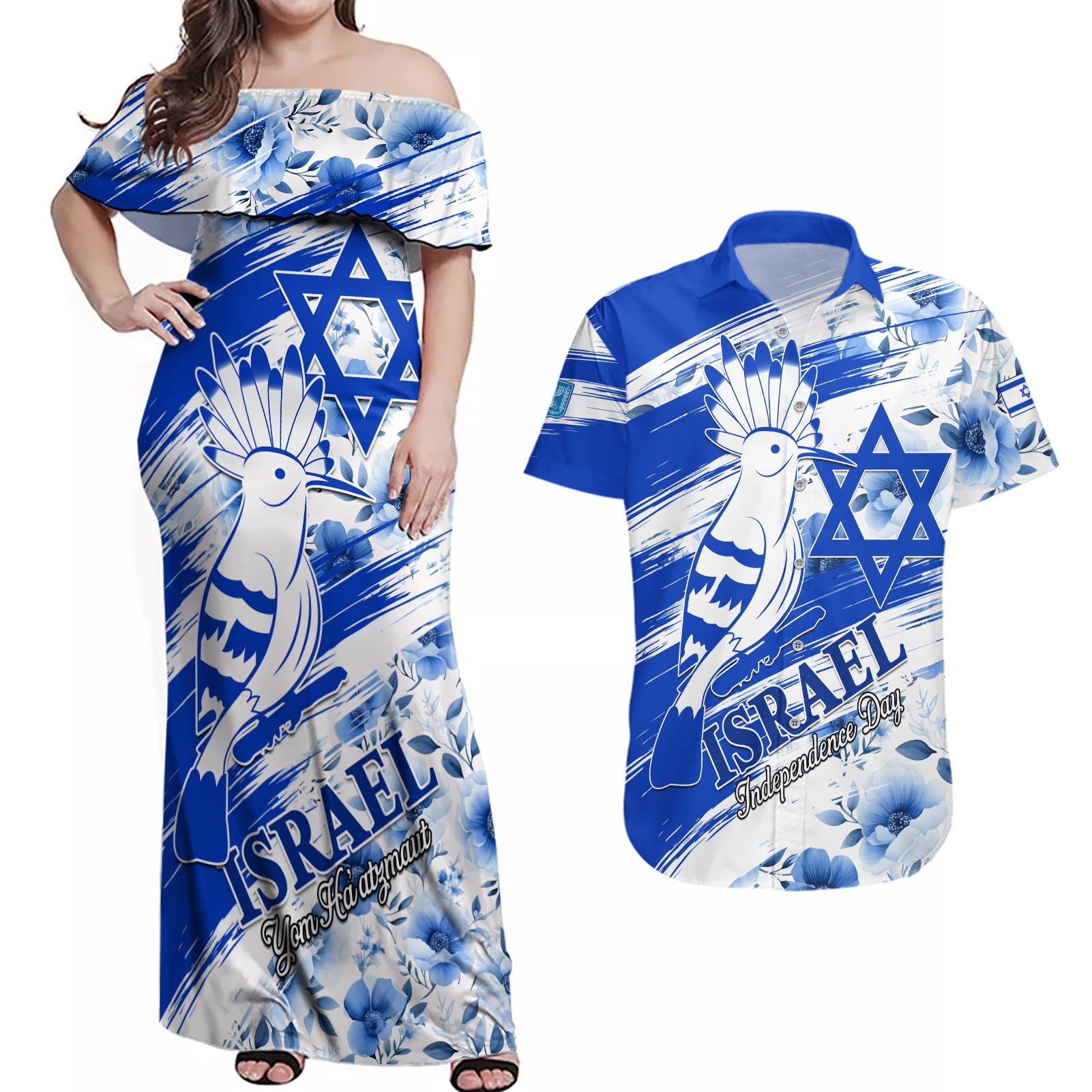 Israel Independence Day Couples Matching Off Shoulder Maxi Dress and Hawaiian Shirt Hoopoe Bird With Magen David