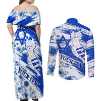 Israel Independence Day Couples Matching Off Shoulder Maxi Dress and Long Sleeve Button Shirt Hoopoe Bird With Magen David - Wonder Print Shop
