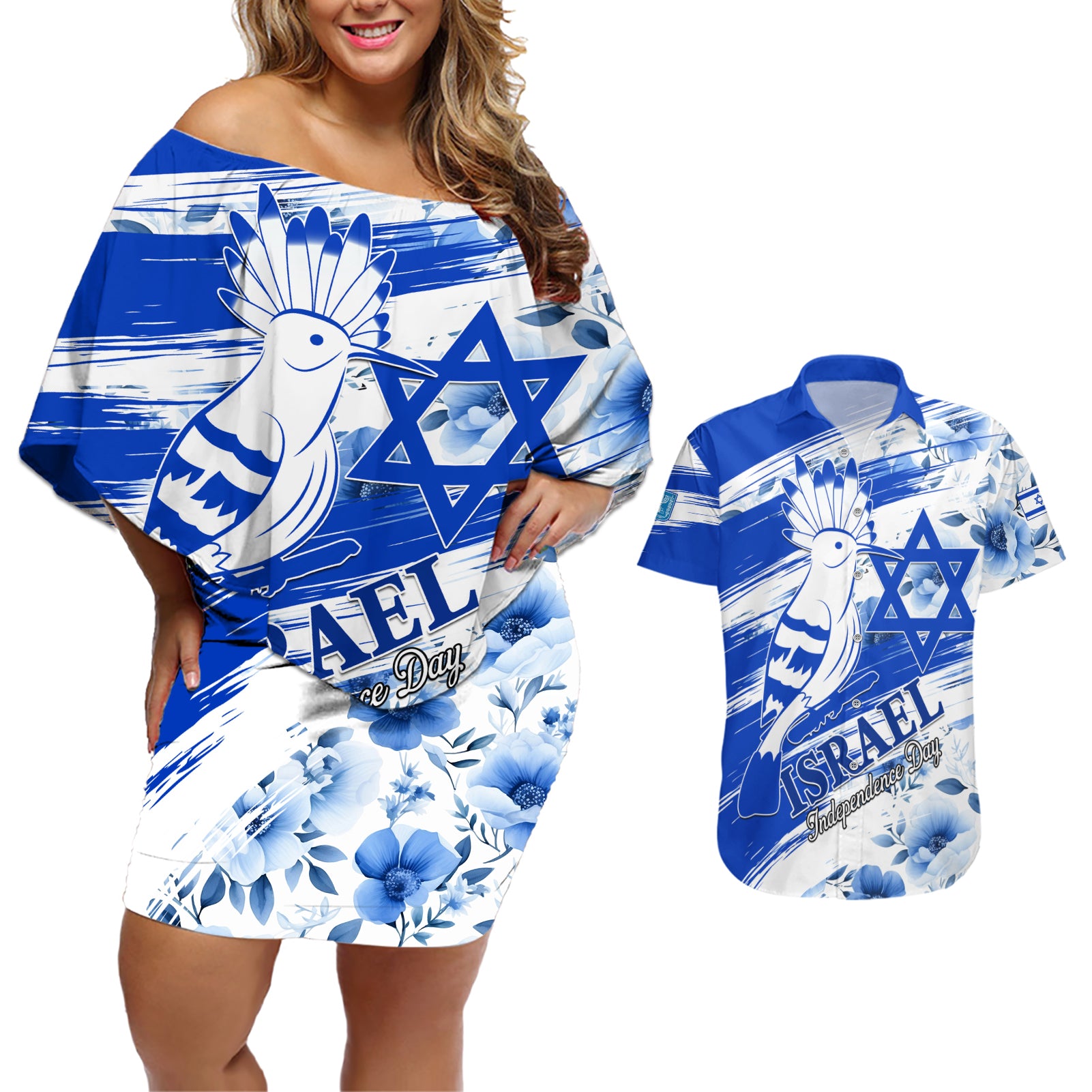 Israel Independence Day Couples Matching Off Shoulder Short Dress and Hawaiian Shirt Hoopoe Bird With Magen David
