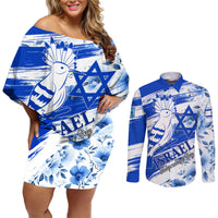 Israel Independence Day Couples Matching Off Shoulder Short Dress and Long Sleeve Button Shirt Hoopoe Bird With Magen David - Wonder Print Shop