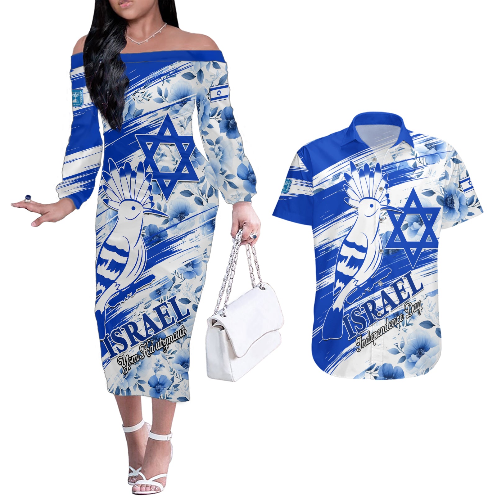 Israel Independence Day Couples Matching Off The Shoulder Long Sleeve Dress and Hawaiian Shirt Hoopoe Bird With Magen David