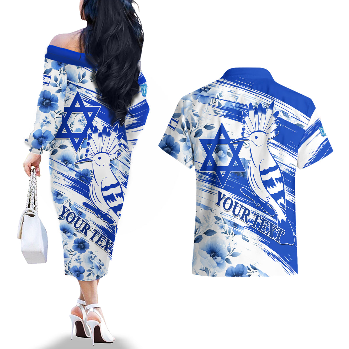 Israel Independence Day Couples Matching Off The Shoulder Long Sleeve Dress and Hawaiian Shirt Hoopoe Bird With Magen David - Wonder Print Shop