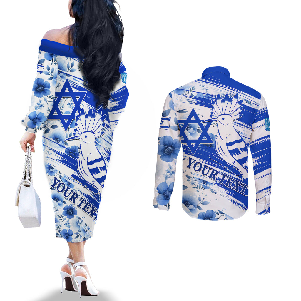 Israel Independence Day Couples Matching Off The Shoulder Long Sleeve Dress and Long Sleeve Button Shirt Hoopoe Bird With Magen David