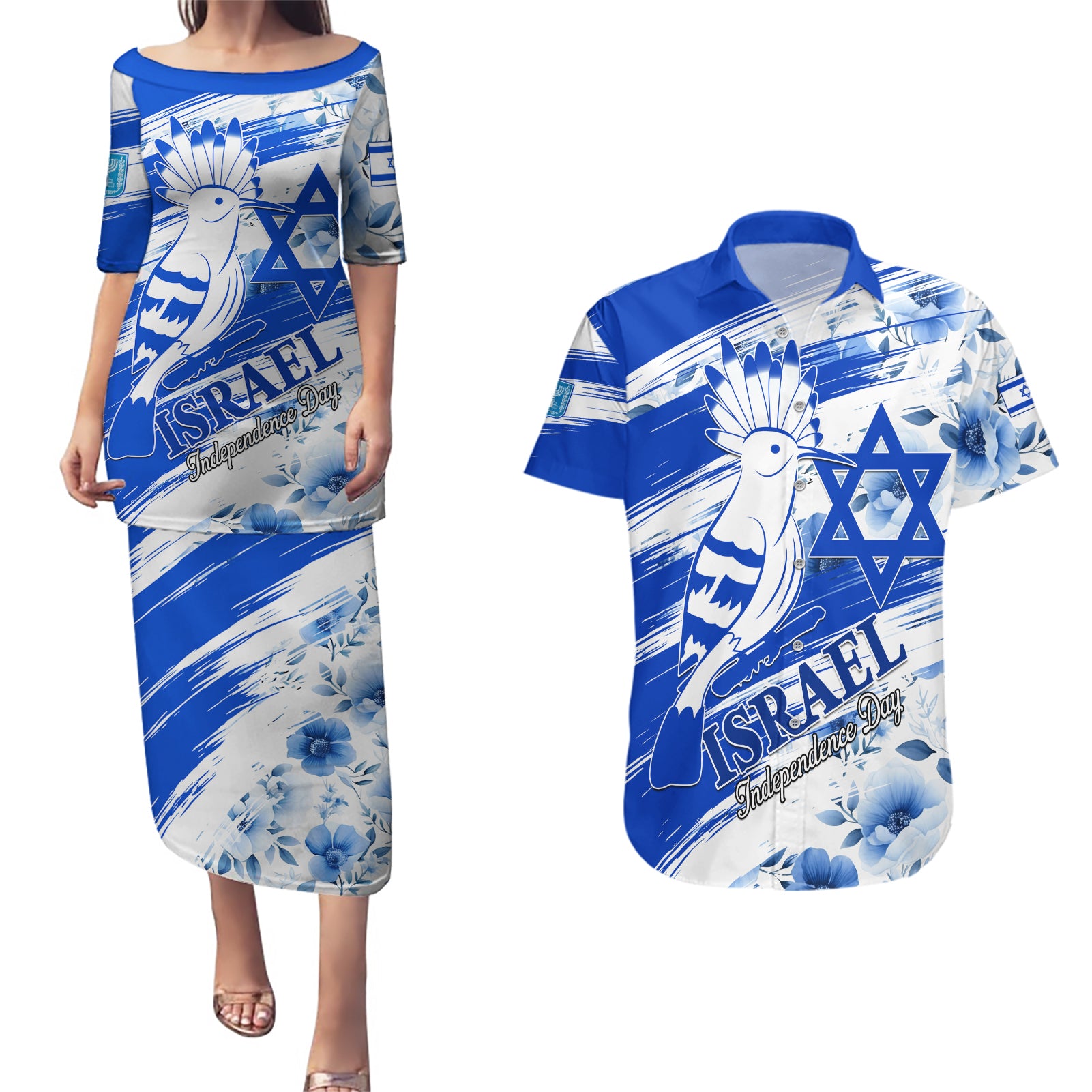 Israel Independence Day Couples Matching Puletasi and Hawaiian Shirt Hoopoe Bird With Magen David