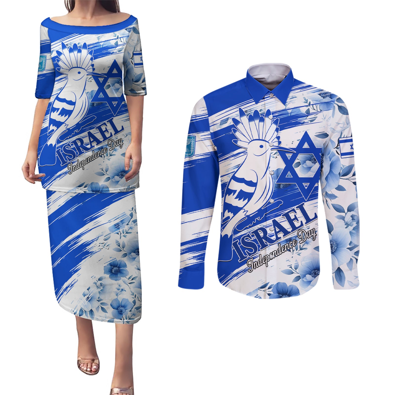 Israel Independence Day Couples Matching Puletasi and Long Sleeve Button Shirt Hoopoe Bird With Magen David - Wonder Print Shop