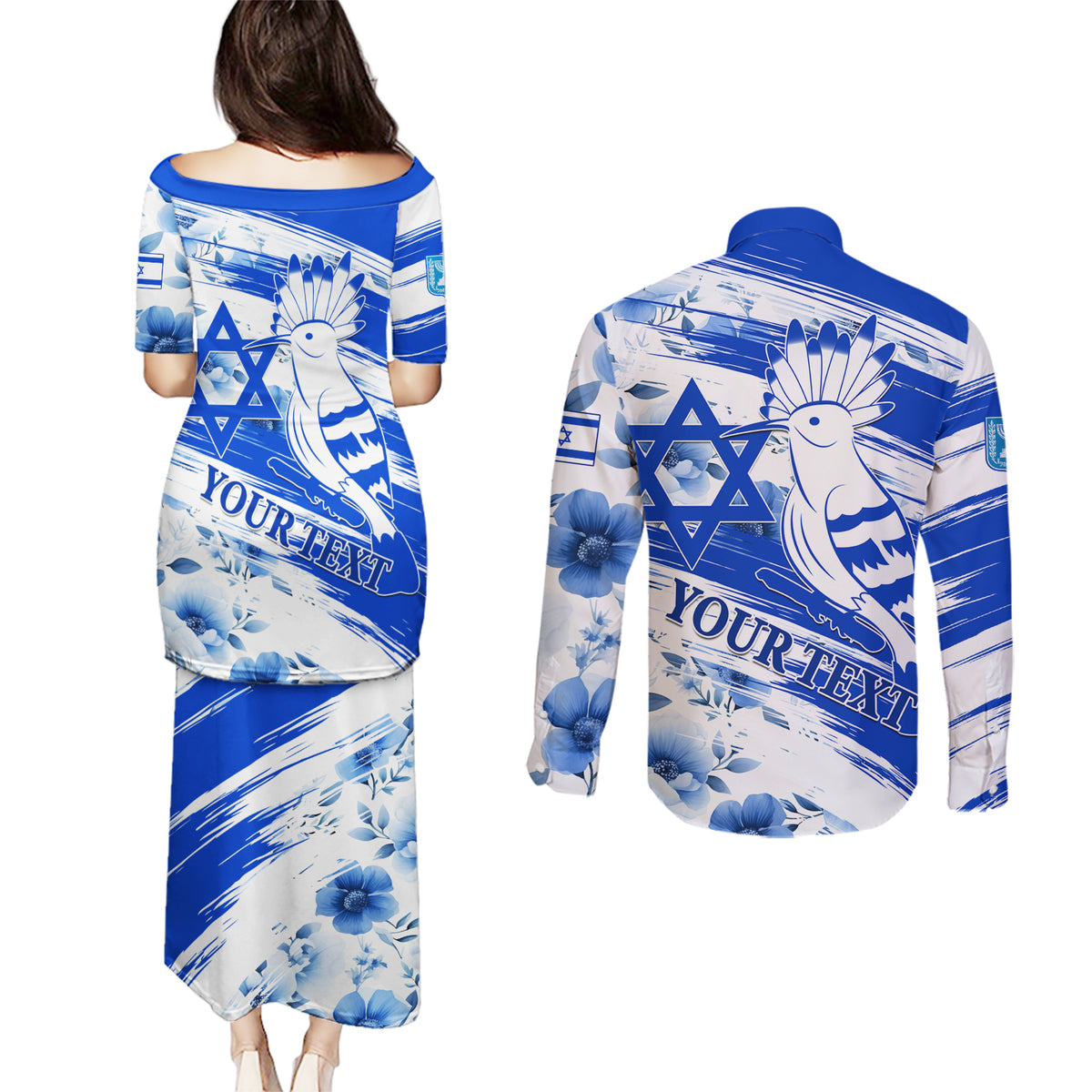 Israel Independence Day Couples Matching Puletasi and Long Sleeve Button Shirt Hoopoe Bird With Magen David - Wonder Print Shop