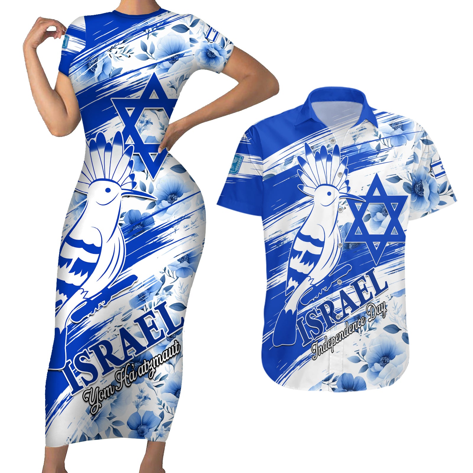 Israel Independence Day Couples Matching Short Sleeve Bodycon Dress and Hawaiian Shirt Hoopoe Bird With Magen David