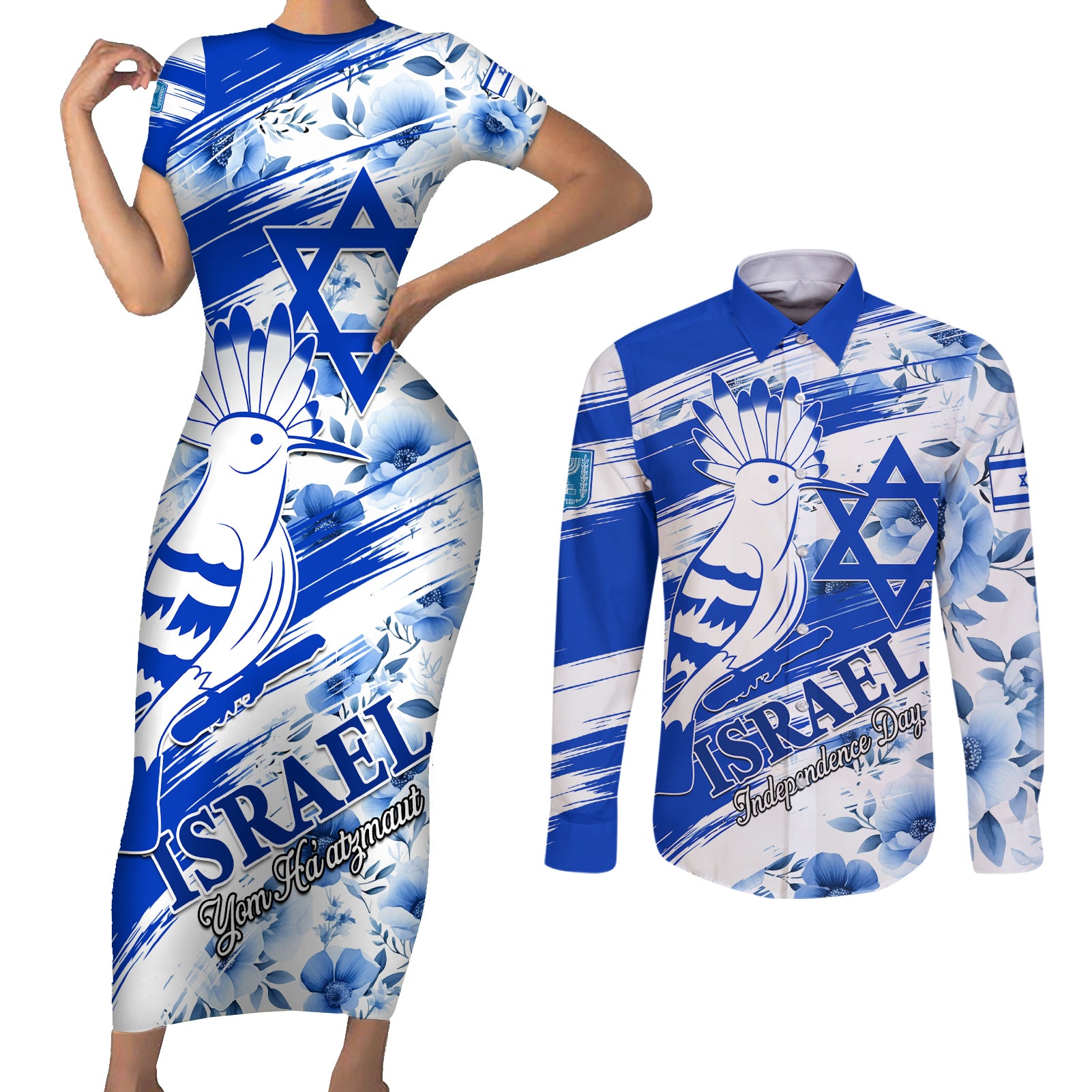 Israel Independence Day Couples Matching Short Sleeve Bodycon Dress and Long Sleeve Button Shirt Hoopoe Bird With Magen David