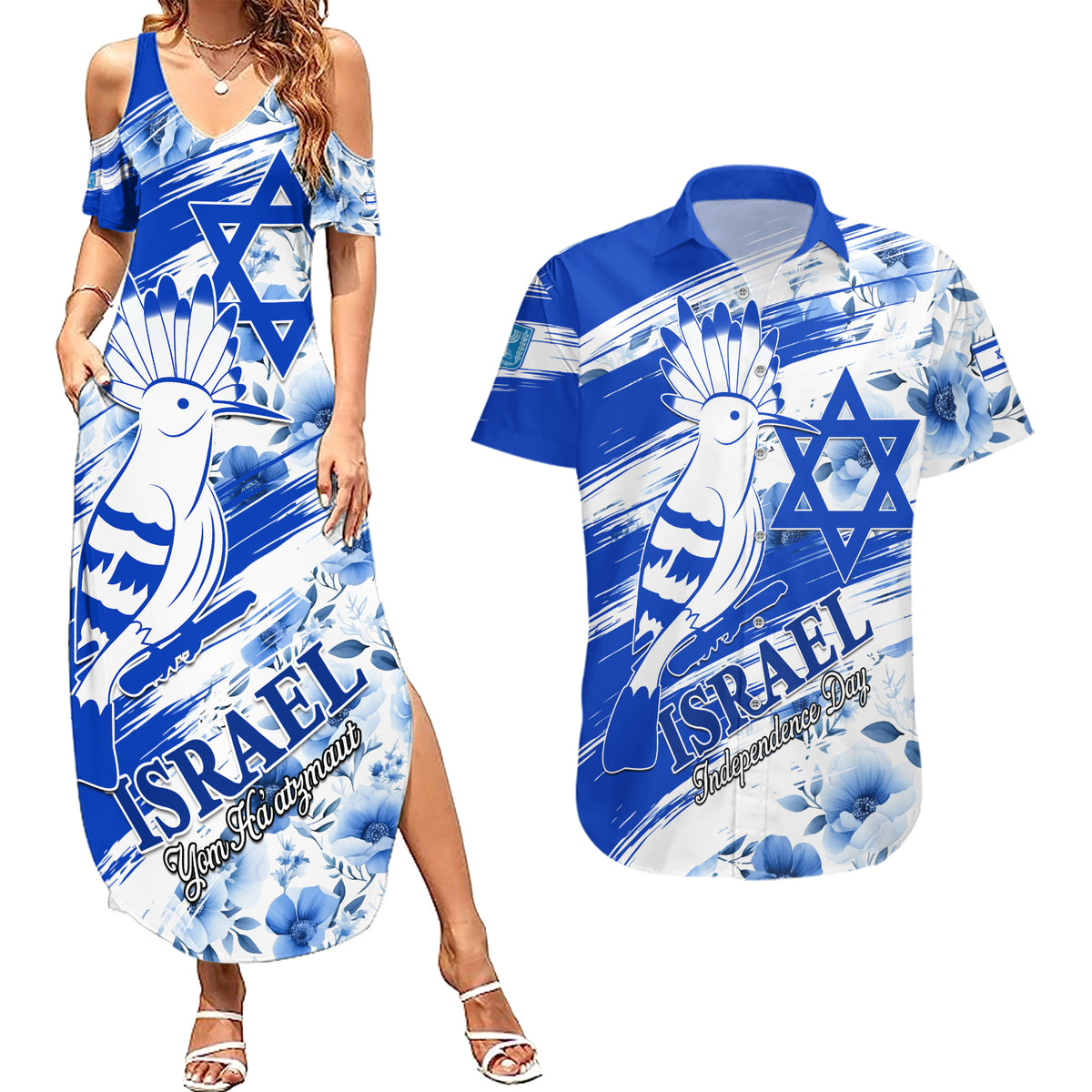 Israel Independence Day Couples Matching Summer Maxi Dress and Hawaiian Shirt Hoopoe Bird With Magen David - Wonder Print Shop