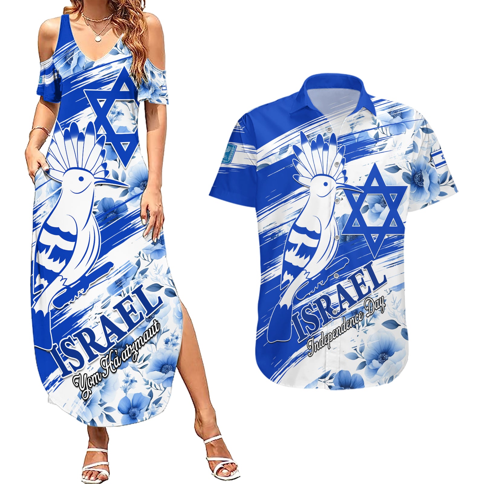 Israel Independence Day Couples Matching Summer Maxi Dress and Hawaiian Shirt Hoopoe Bird With Magen David