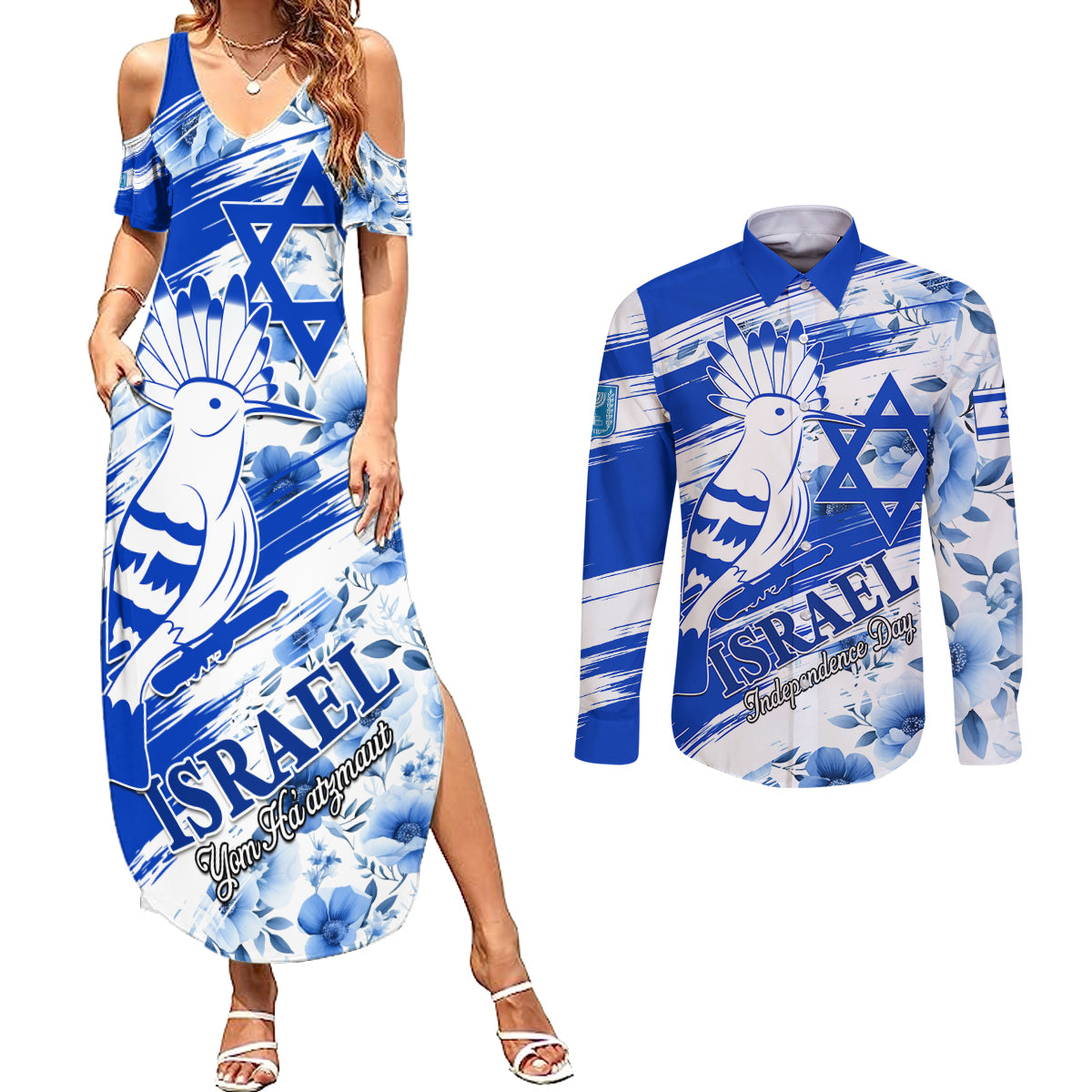 Israel Independence Day Couples Matching Summer Maxi Dress and Long Sleeve Button Shirt Hoopoe Bird With Magen David