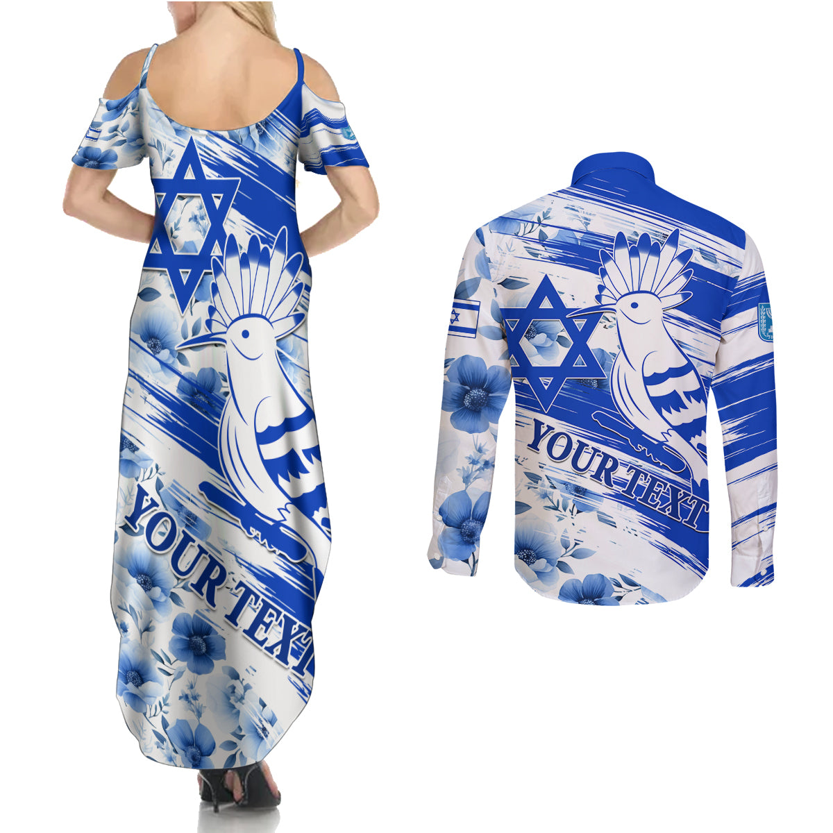 Israel Independence Day Couples Matching Summer Maxi Dress and Long Sleeve Button Shirt Hoopoe Bird With Magen David - Wonder Print Shop