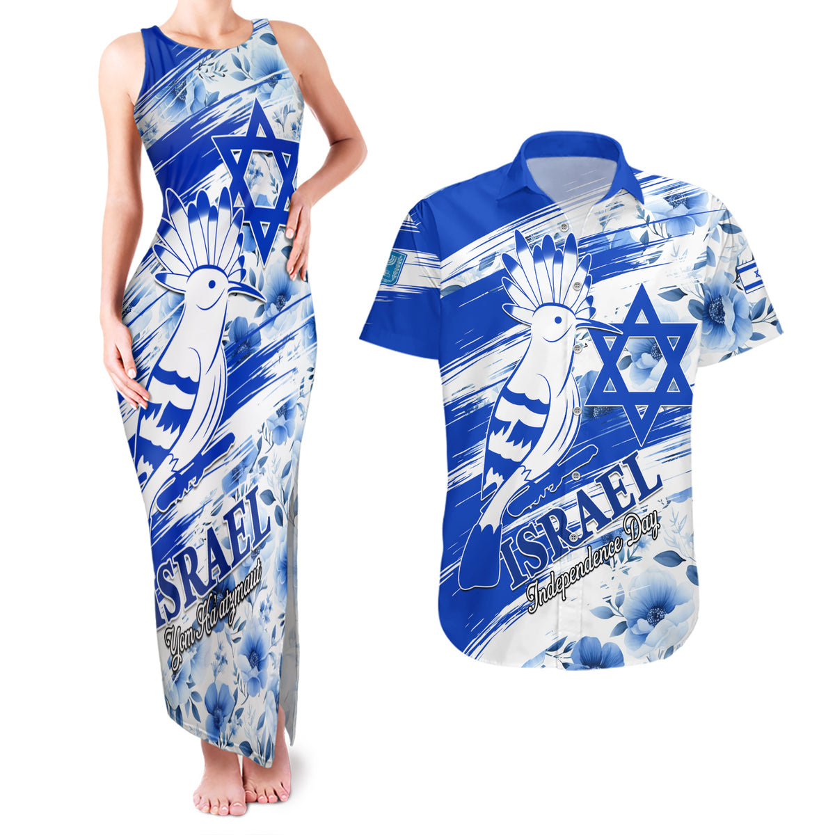 Israel Independence Day Couples Matching Tank Maxi Dress and Hawaiian Shirt Hoopoe Bird With Magen David - Wonder Print Shop
