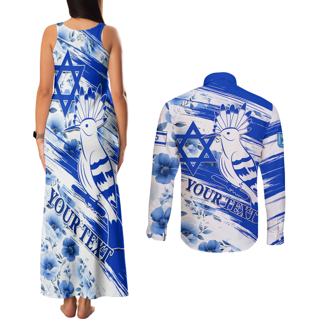 Israel Independence Day Couples Matching Tank Maxi Dress and Long Sleeve Button Shirt Hoopoe Bird With Magen David - Wonder Print Shop