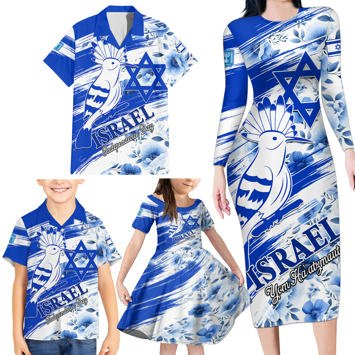 Israel Independence Day Family Matching Long Sleeve Bodycon Dress and Hawaiian Shirt Hoopoe Bird With Magen David