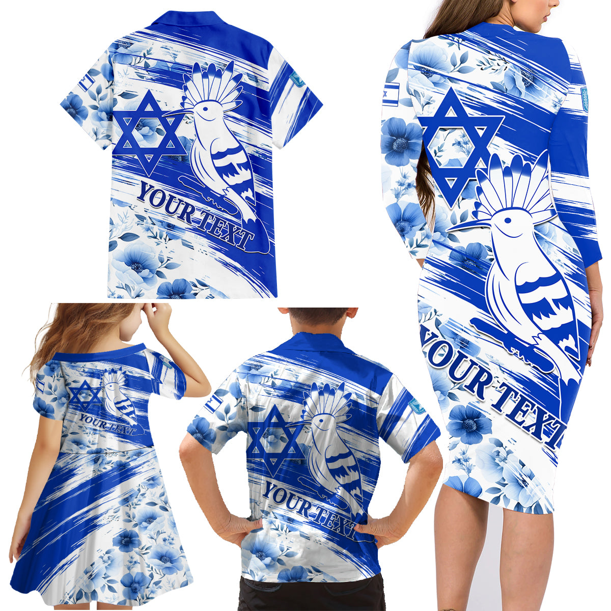 Israel Independence Day Family Matching Long Sleeve Bodycon Dress and Hawaiian Shirt Hoopoe Bird With Magen David - Wonder Print Shop