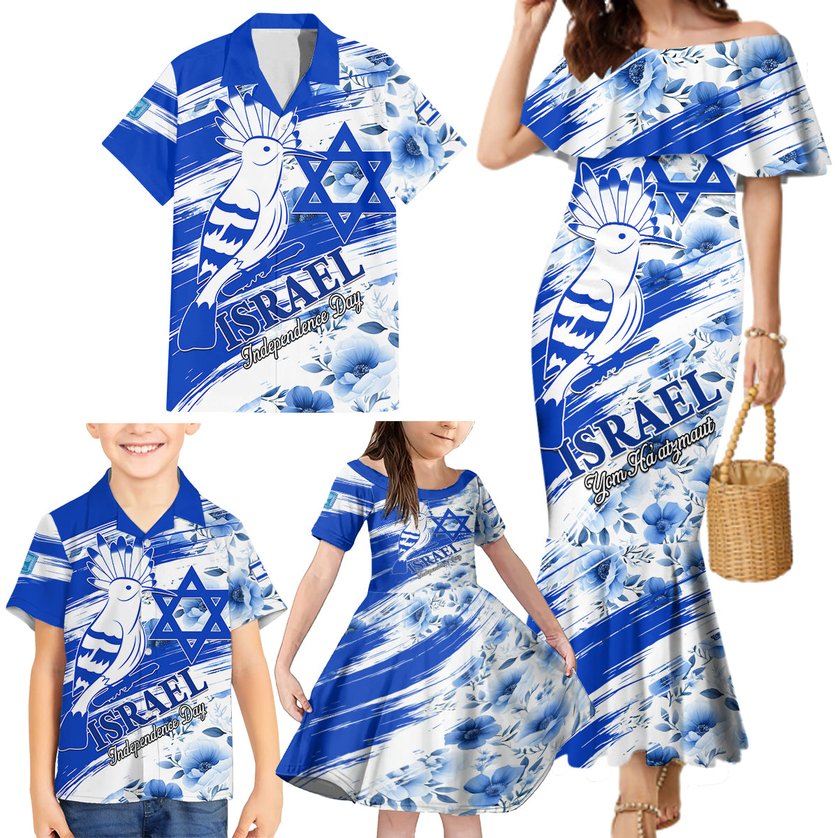 Israel Independence Day Family Matching Mermaid Dress and Hawaiian Shirt Hoopoe Bird With Magen David