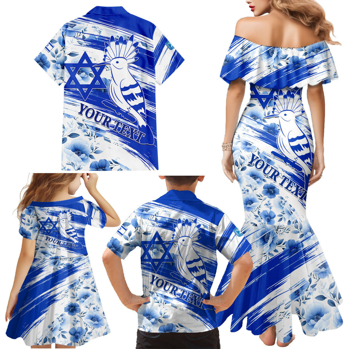 Israel Independence Day Family Matching Mermaid Dress and Hawaiian Shirt Hoopoe Bird With Magen David - Wonder Print Shop