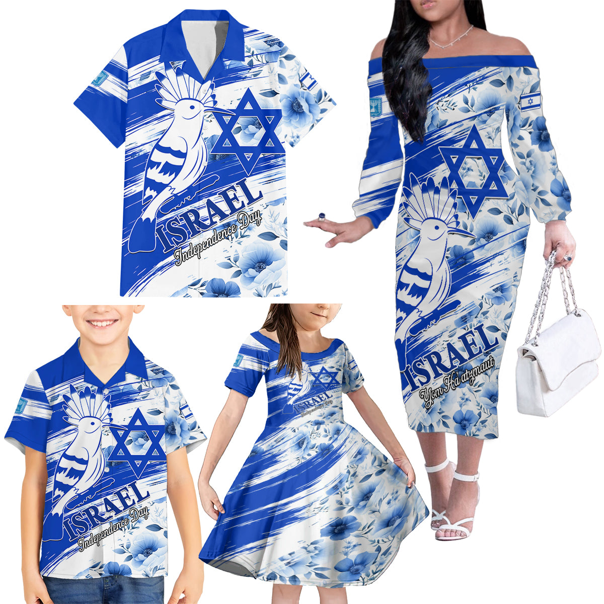 Israel Independence Day Family Matching Off Shoulder Long Sleeve Dress and Hawaiian Shirt Hoopoe Bird With Magen David