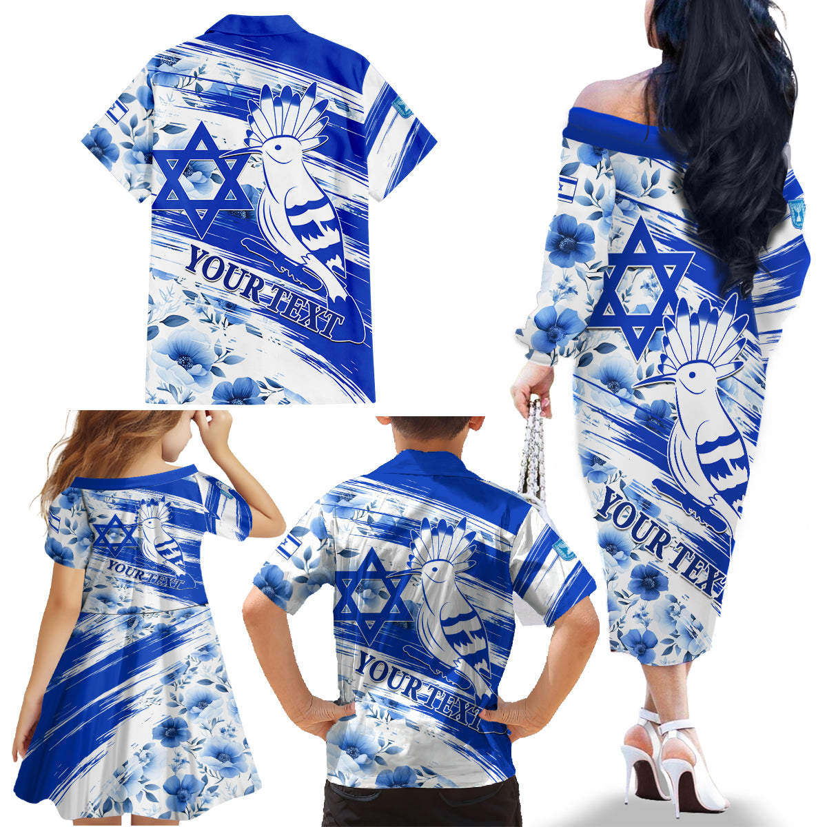 Israel Independence Day Family Matching Off Shoulder Long Sleeve Dress and Hawaiian Shirt Hoopoe Bird With Magen David - Wonder Print Shop