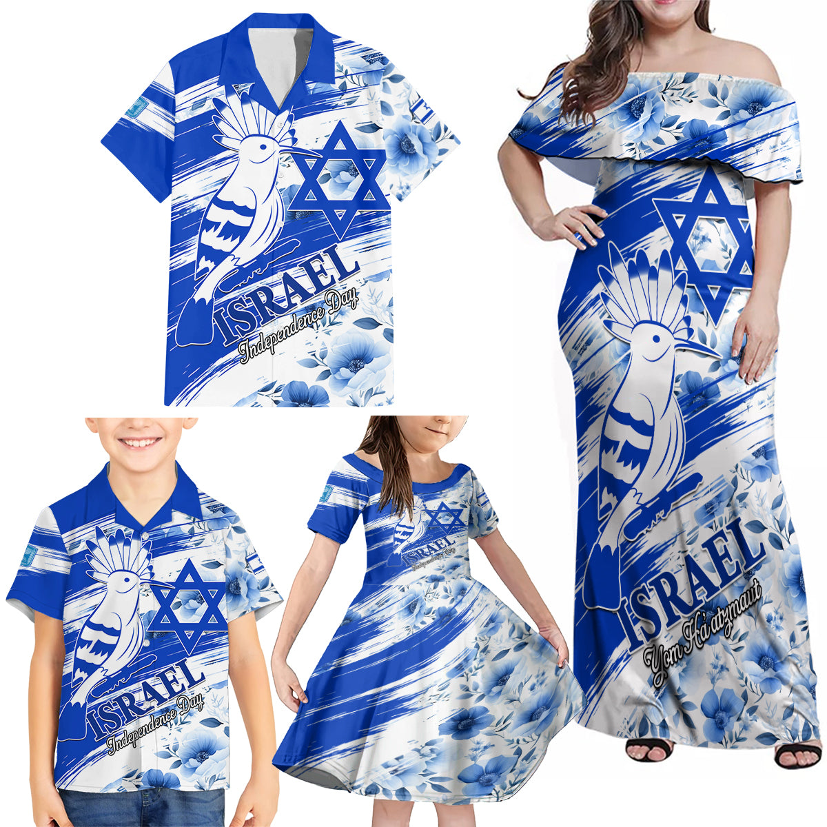 Israel Independence Day Family Matching Off Shoulder Maxi Dress and Hawaiian Shirt Hoopoe Bird With Magen David