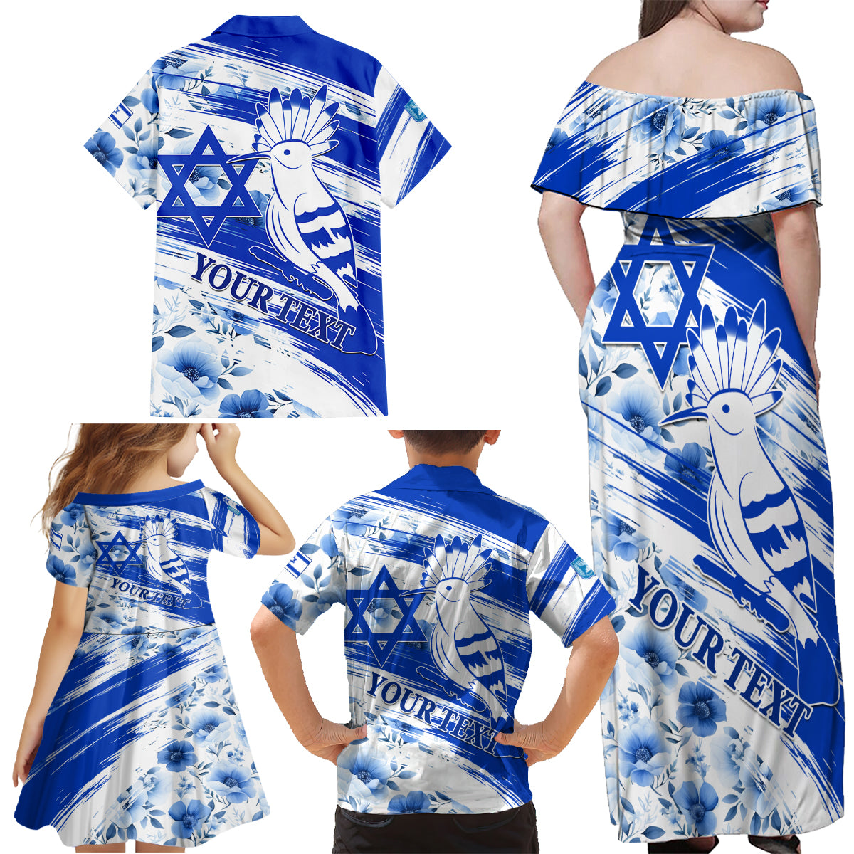 Israel Independence Day Family Matching Off Shoulder Maxi Dress and Hawaiian Shirt Hoopoe Bird With Magen David - Wonder Print Shop