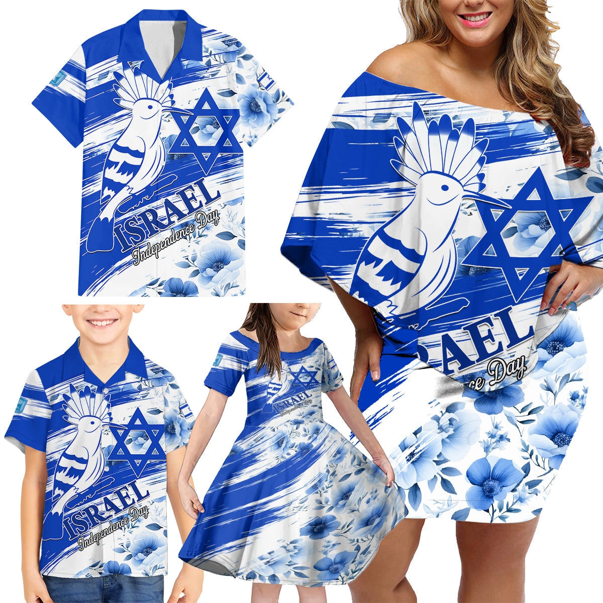 Israel Independence Day Family Matching Off Shoulder Short Dress and Hawaiian Shirt Hoopoe Bird With Magen David - Wonder Print Shop