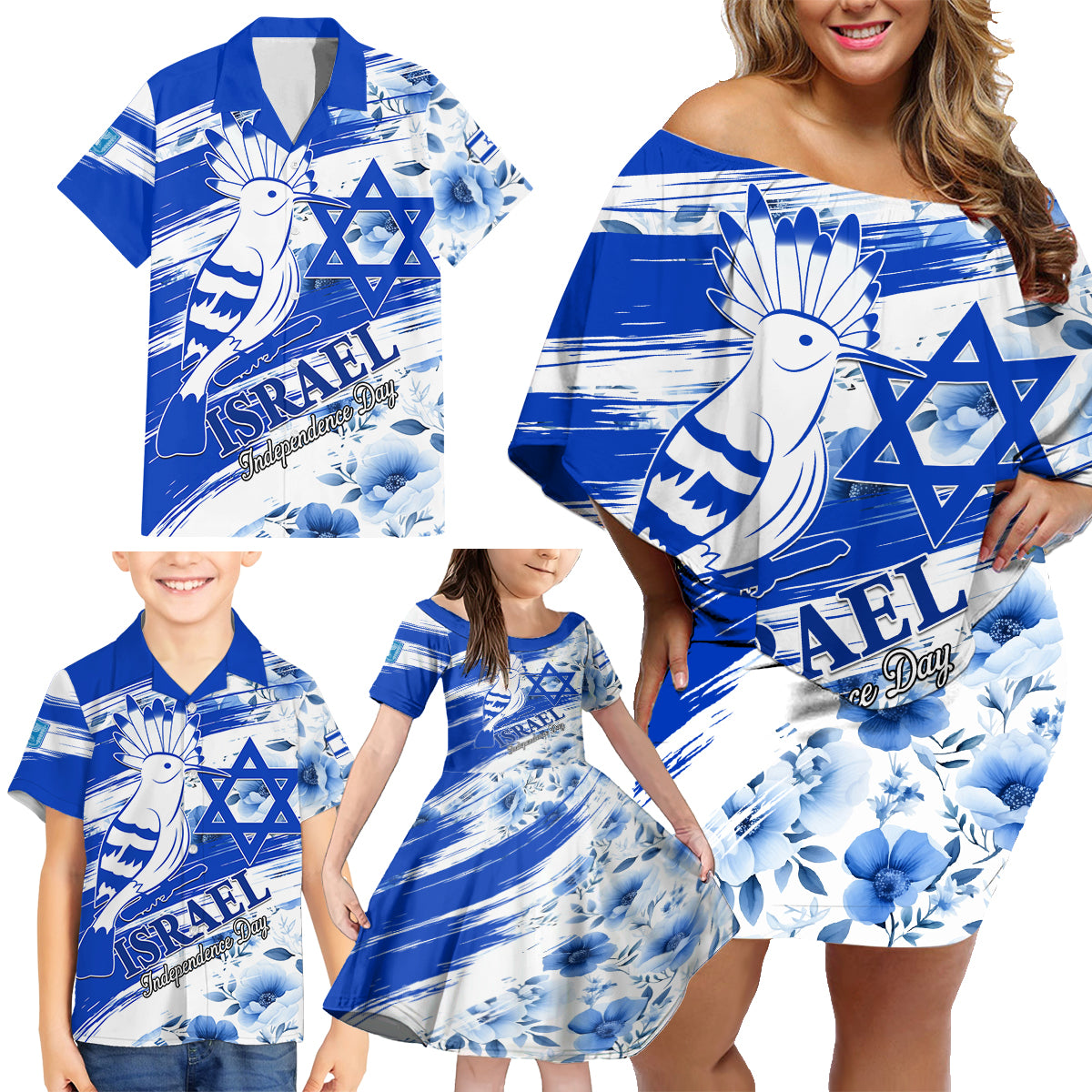 Israel Independence Day Family Matching Off Shoulder Short Dress and Hawaiian Shirt Hoopoe Bird With Magen David