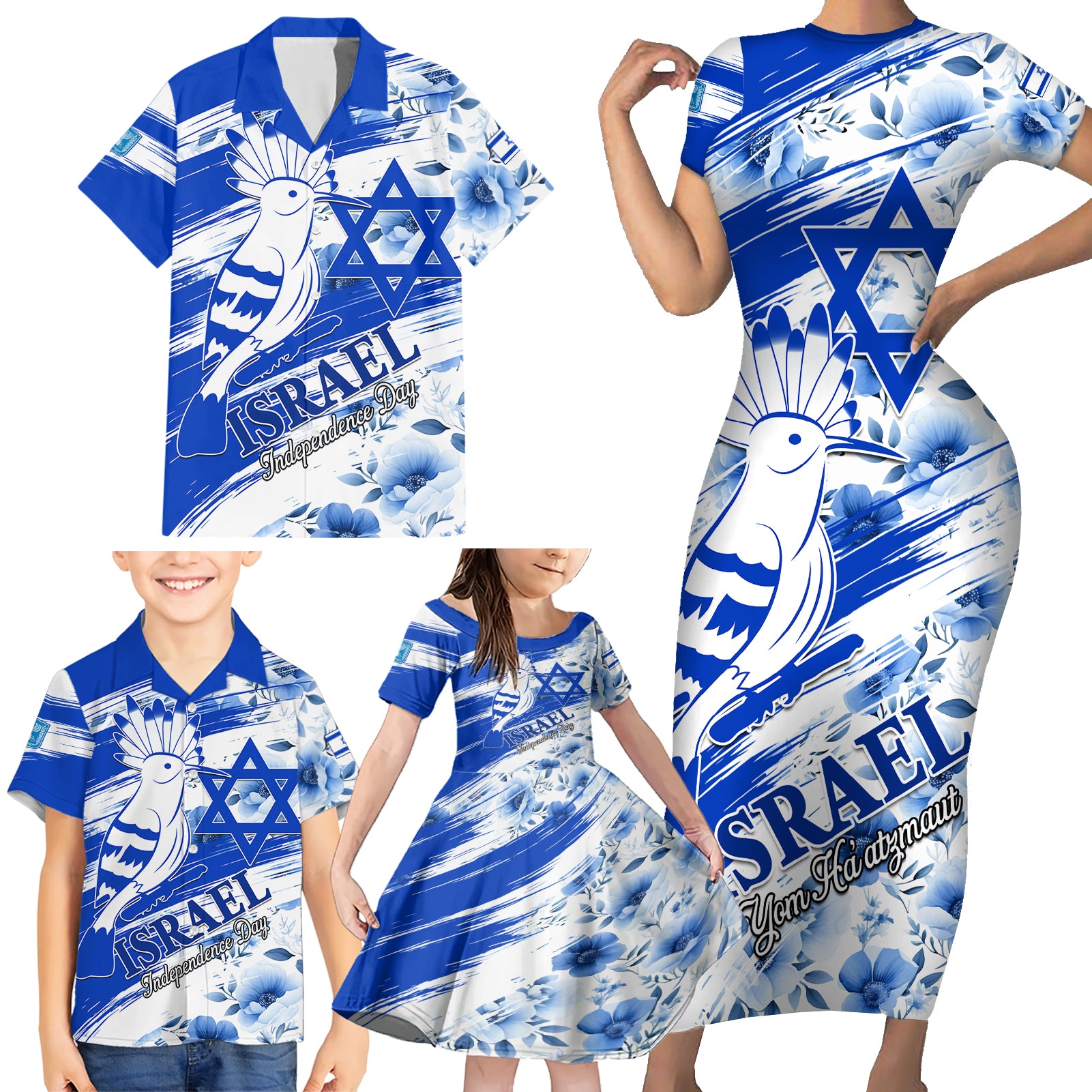 Israel Independence Day Family Matching Short Sleeve Bodycon Dress and Hawaiian Shirt Hoopoe Bird With Magen David