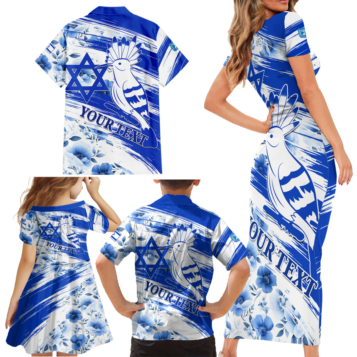 Israel Independence Day Family Matching Short Sleeve Bodycon Dress and Hawaiian Shirt Hoopoe Bird With Magen David - Wonder Print Shop