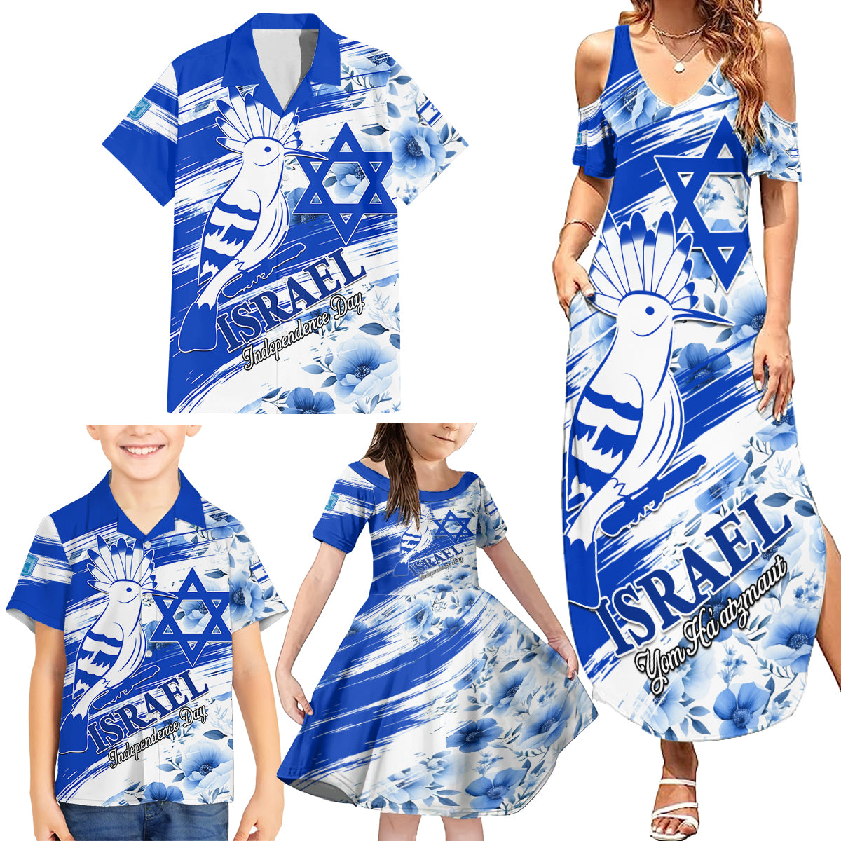 Israel Independence Day Family Matching Summer Maxi Dress and Hawaiian Shirt Hoopoe Bird With Magen David