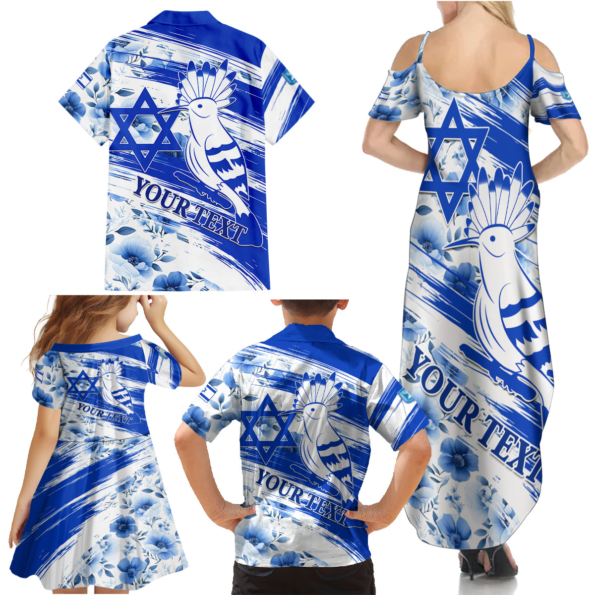 Israel Independence Day Family Matching Summer Maxi Dress and Hawaiian Shirt Hoopoe Bird With Magen David - Wonder Print Shop