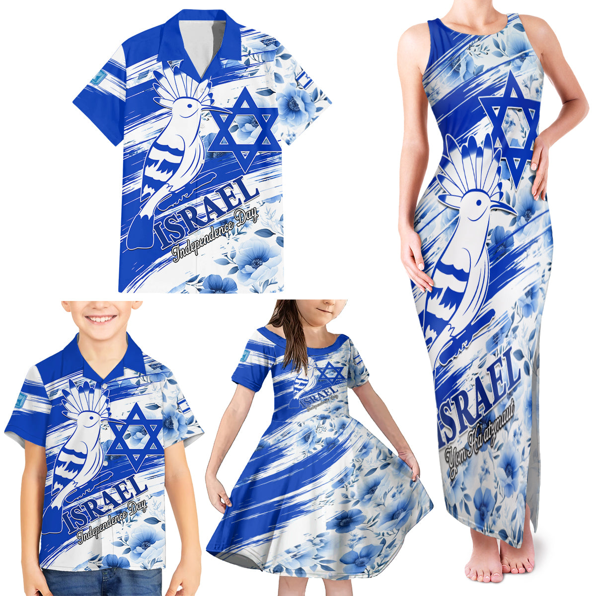 Israel Independence Day Family Matching Tank Maxi Dress and Hawaiian Shirt Hoopoe Bird With Magen David