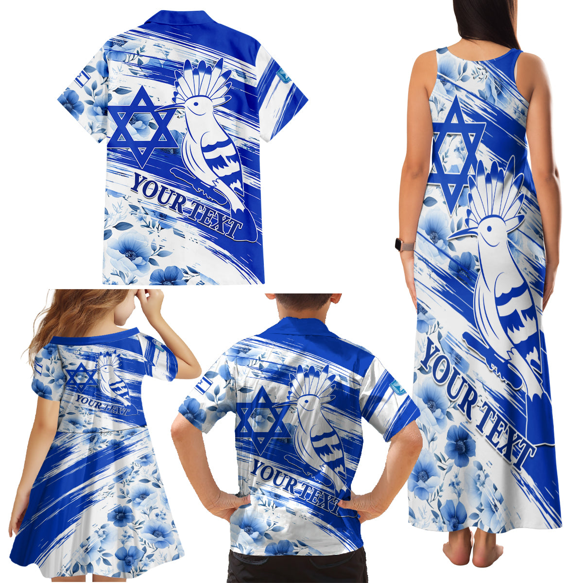 Israel Independence Day Family Matching Tank Maxi Dress and Hawaiian Shirt Hoopoe Bird With Magen David - Wonder Print Shop