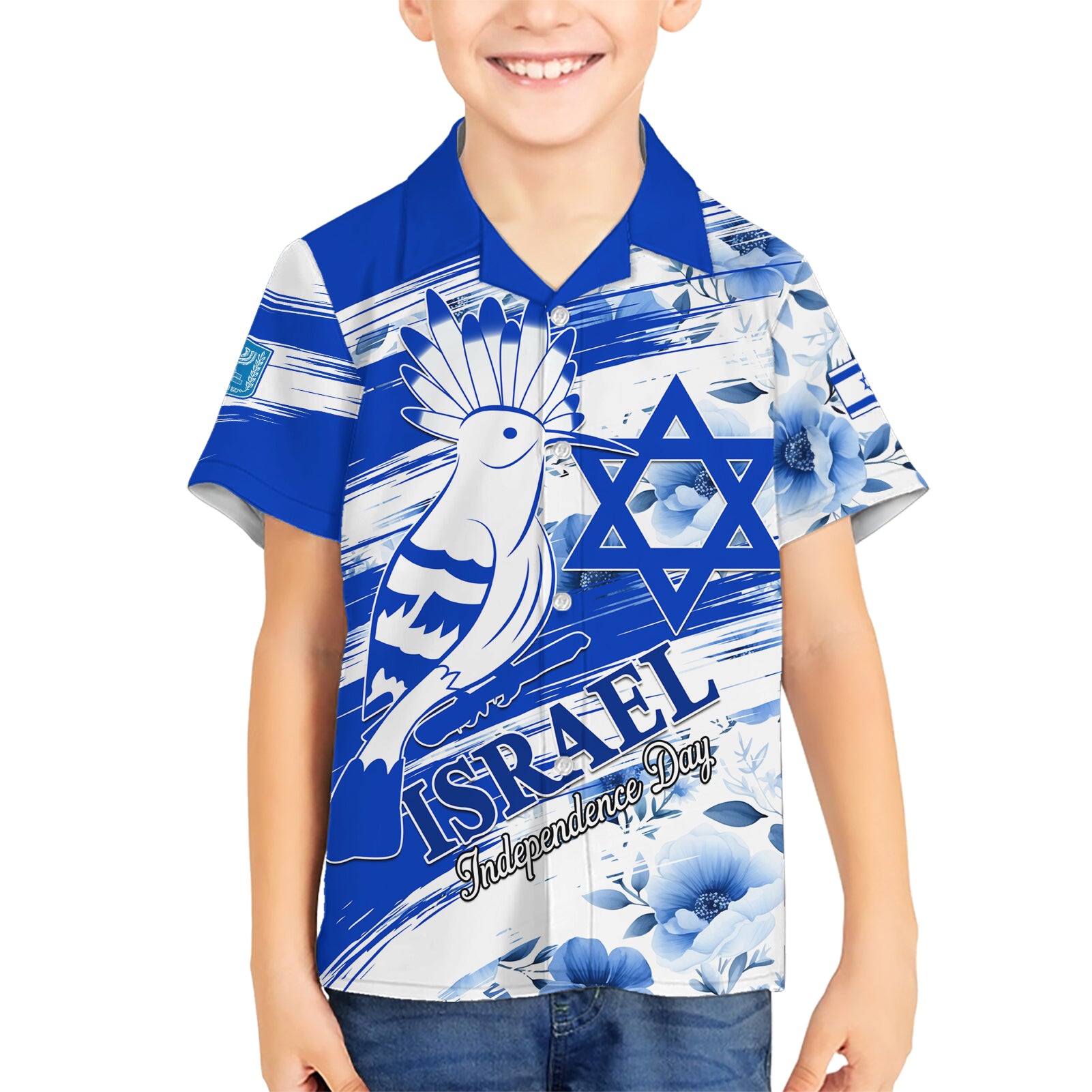 Israel Independence Day Kid Hawaiian Shirt Hoopoe Bird With Magen David - Wonder Print Shop