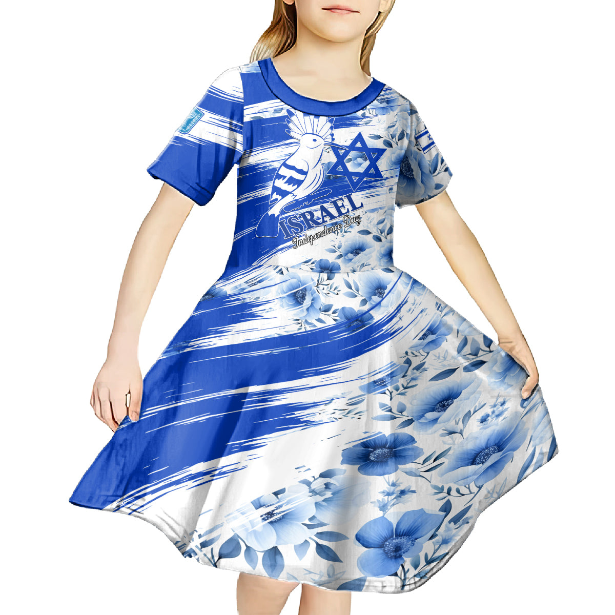 Israel Independence Day Kid Short Sleeve Dress Hoopoe Bird With Magen David - Wonder Print Shop