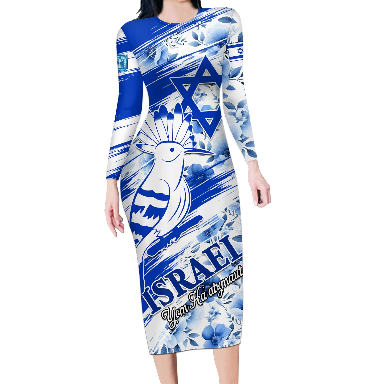 Israel Independence Day Long Sleeve Bodycon Dress Hoopoe Bird With Magen David - Wonder Print Shop