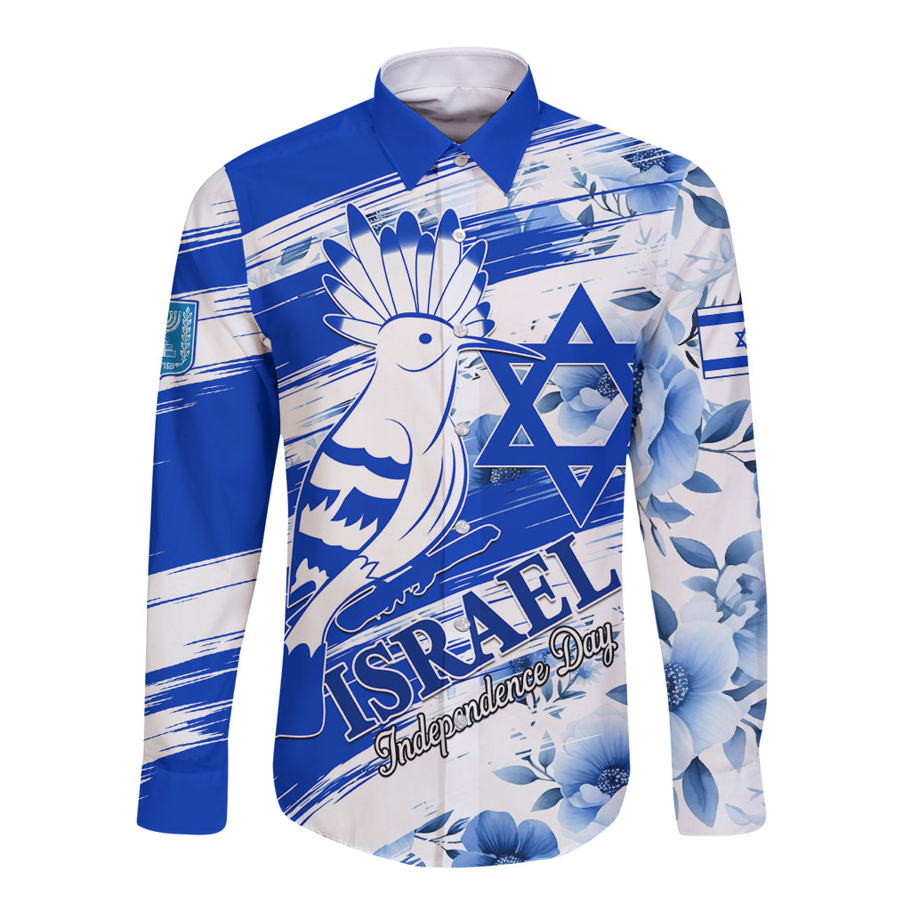 Israel Independence Day Long Sleeve Button Shirt Hoopoe Bird With Magen David - Wonder Print Shop