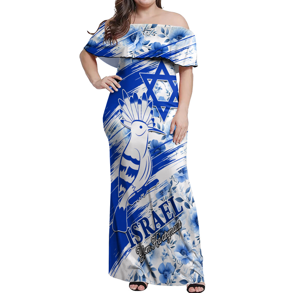 Israel Independence Day Off Shoulder Maxi Dress Hoopoe Bird With Magen David - Wonder Print Shop