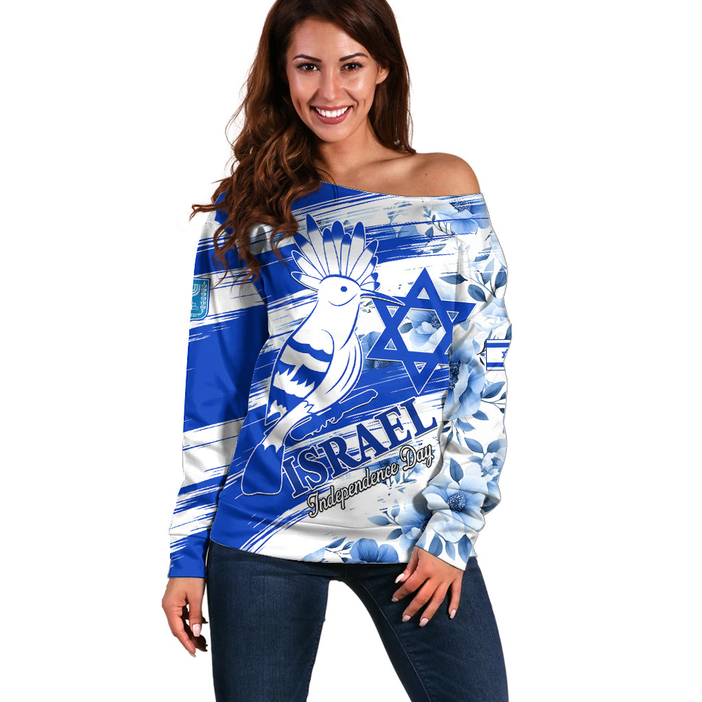 Israel Independence Day Off Shoulder Sweater Hoopoe Bird With Magen David - Wonder Print Shop