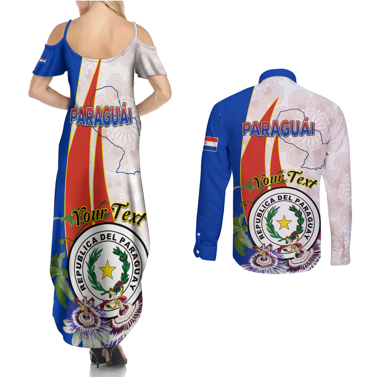 Paraguay Independence Day Couples Matching Summer Maxi Dress and Long Sleeve Button Shirt Passion Flower Vintage Antique Naduti - Wonder Print Shop