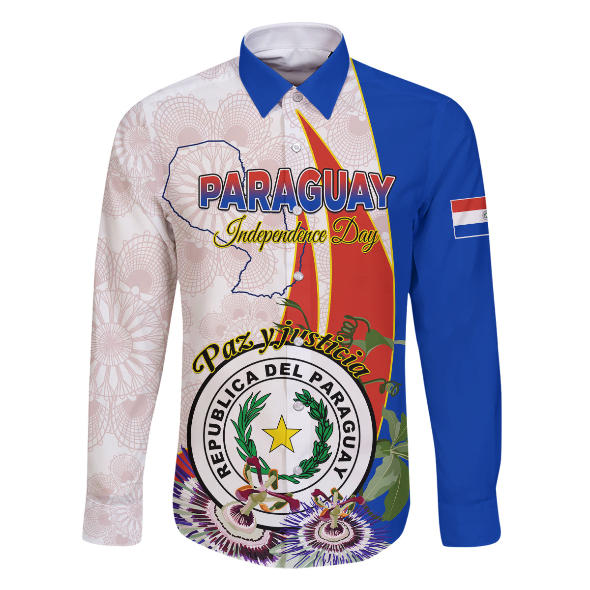 Paraguay Independence Day Family Matching Off Shoulder Long Sleeve Dress and Hawaiian Shirt Passion Flower Vintage Antique Naduti - Wonder Print Shop