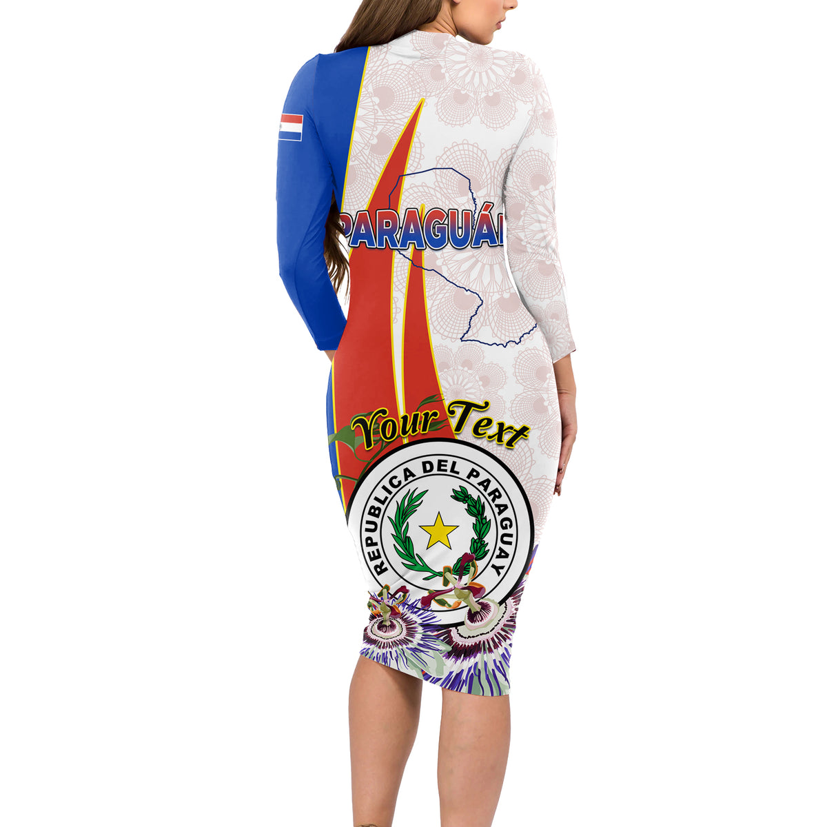 Paraguay Independence Day Long Sleeve Bodycon Dress Passion Flower Vintage Antique Naduti - Wonder Print Shop