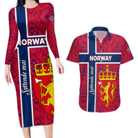 Norway Constitution Day Couples Matching Long Sleeve Bodycon Dress and Hawaiian Shirt Norge Folk Pattern Flag Style - Wonder Print Shop
