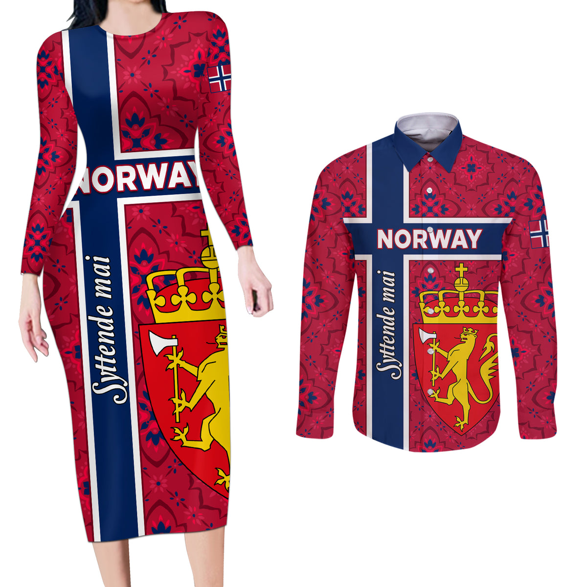Norway Constitution Day Couples Matching Long Sleeve Bodycon Dress and Long Sleeve Button Shirt Norge Folk Pattern Flag Style - Wonder Print Shop